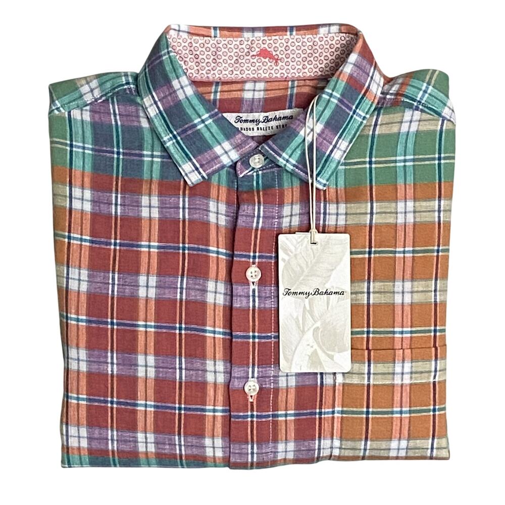 Tommy Bahama Shirt Men's Medium "Barbados Breeze Stretch" Plaid Linen Blend NWT